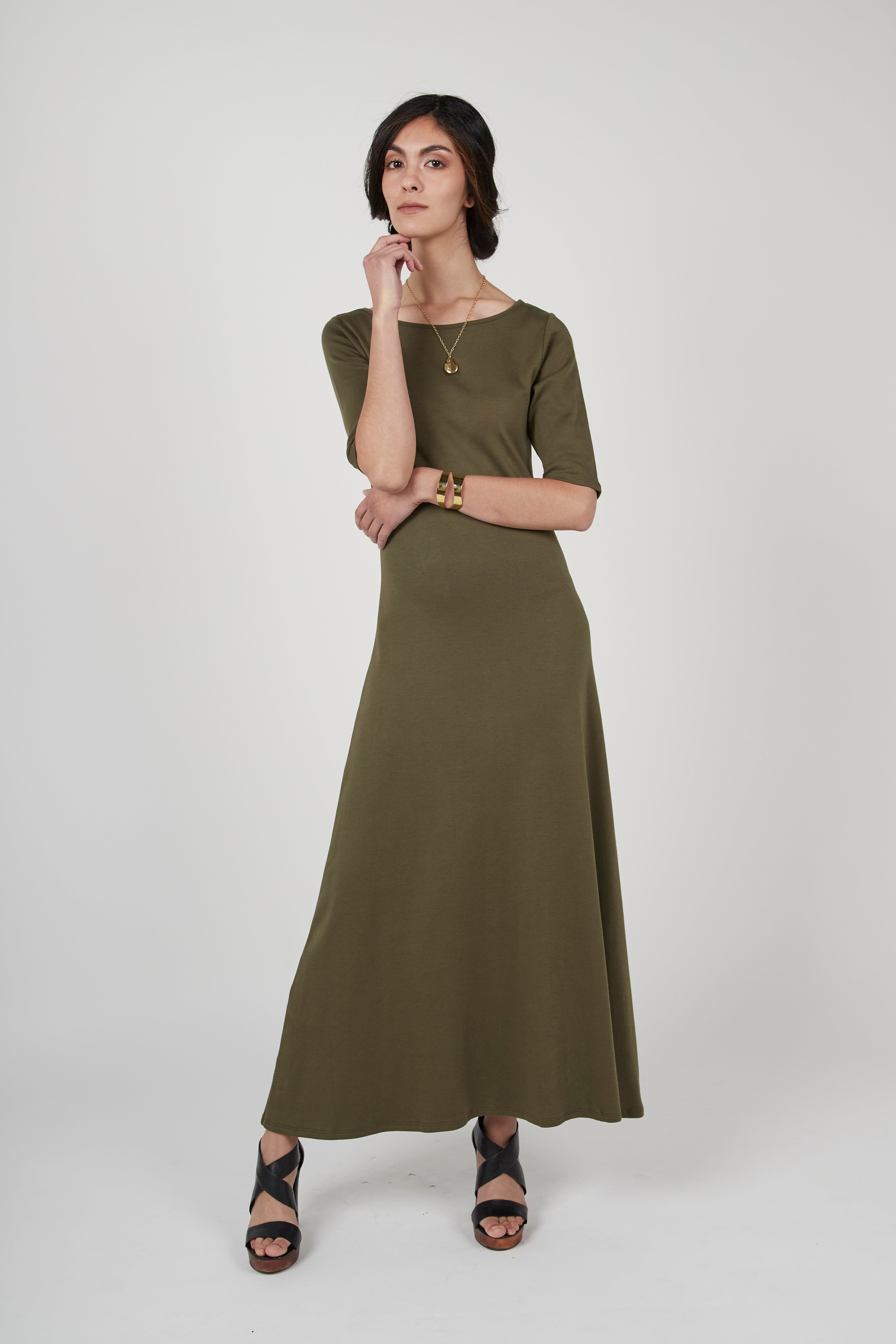 Elbow Sleeve Boatneck Dress