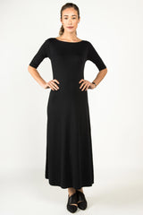Womens Elbow Sleeve Boatneck Dress | Black | Organic Cotton Clothing