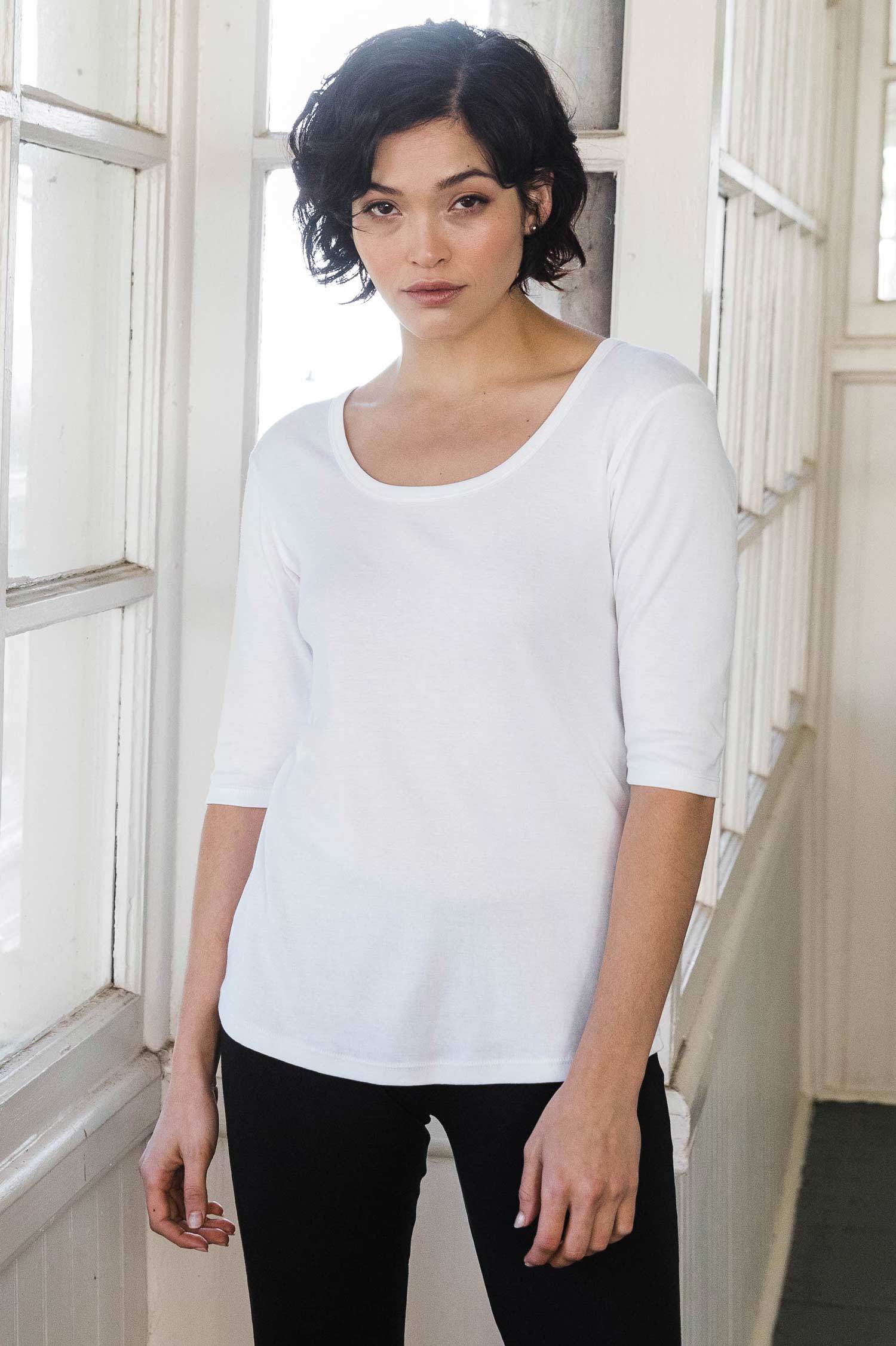 Womens Organic Cotton Top | White Scoop Neck Tee | Indigenous