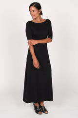 Womens Elbow Sleeve Boatneck Dress | Black | Organic Cotton Clothing