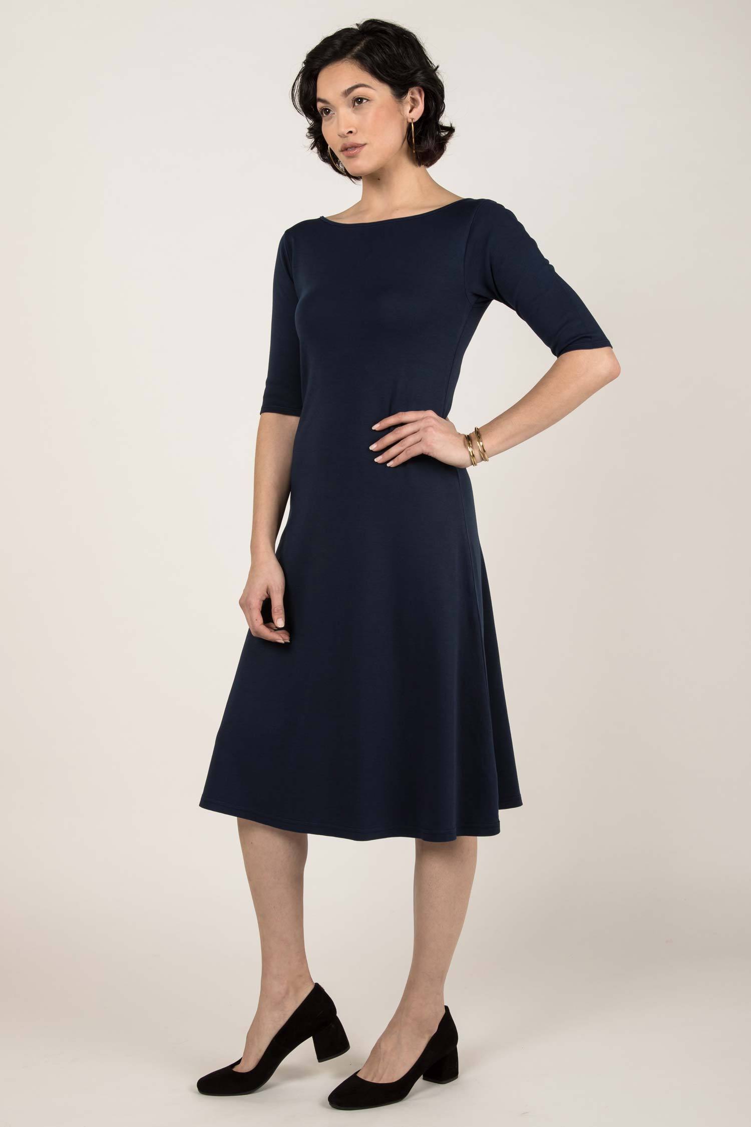 Womens Organic Cotton Dress - Essential Boatneck Midi Dress - Navy