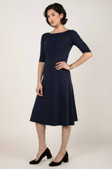 Womens Organic Cotton Dress - Essential Boatneck Midi Dress - Navy