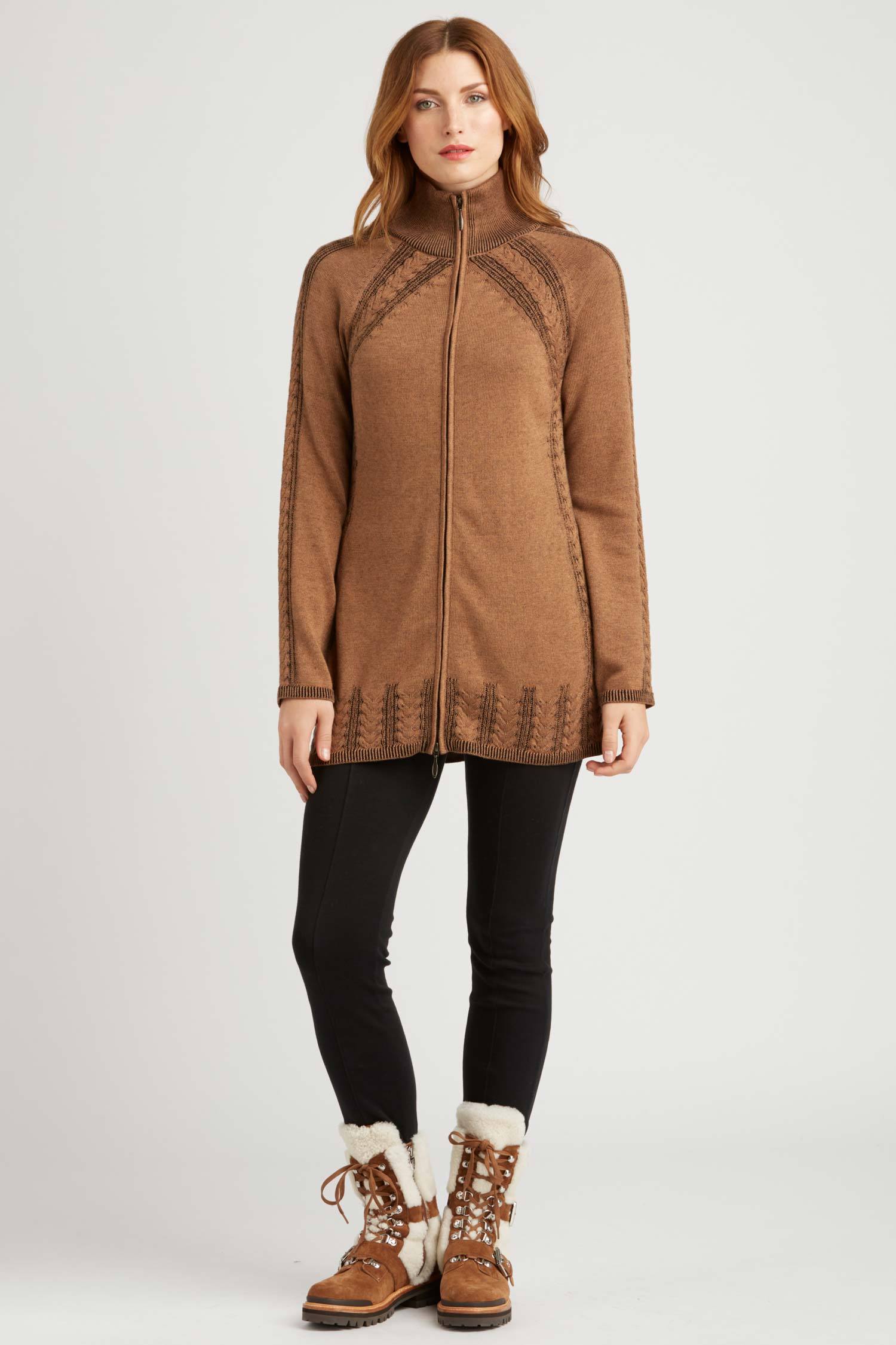 Womens Organic Cotton Sweater | Brown | Cable Zip Cardigan
