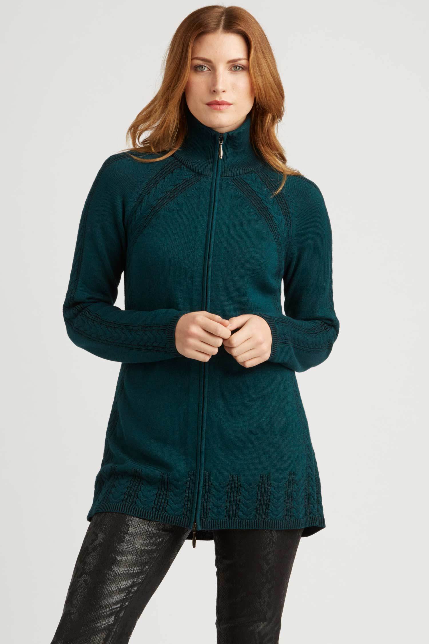 Womens Organic Cotton Sweater | Teal | Cable Zip Cardigan