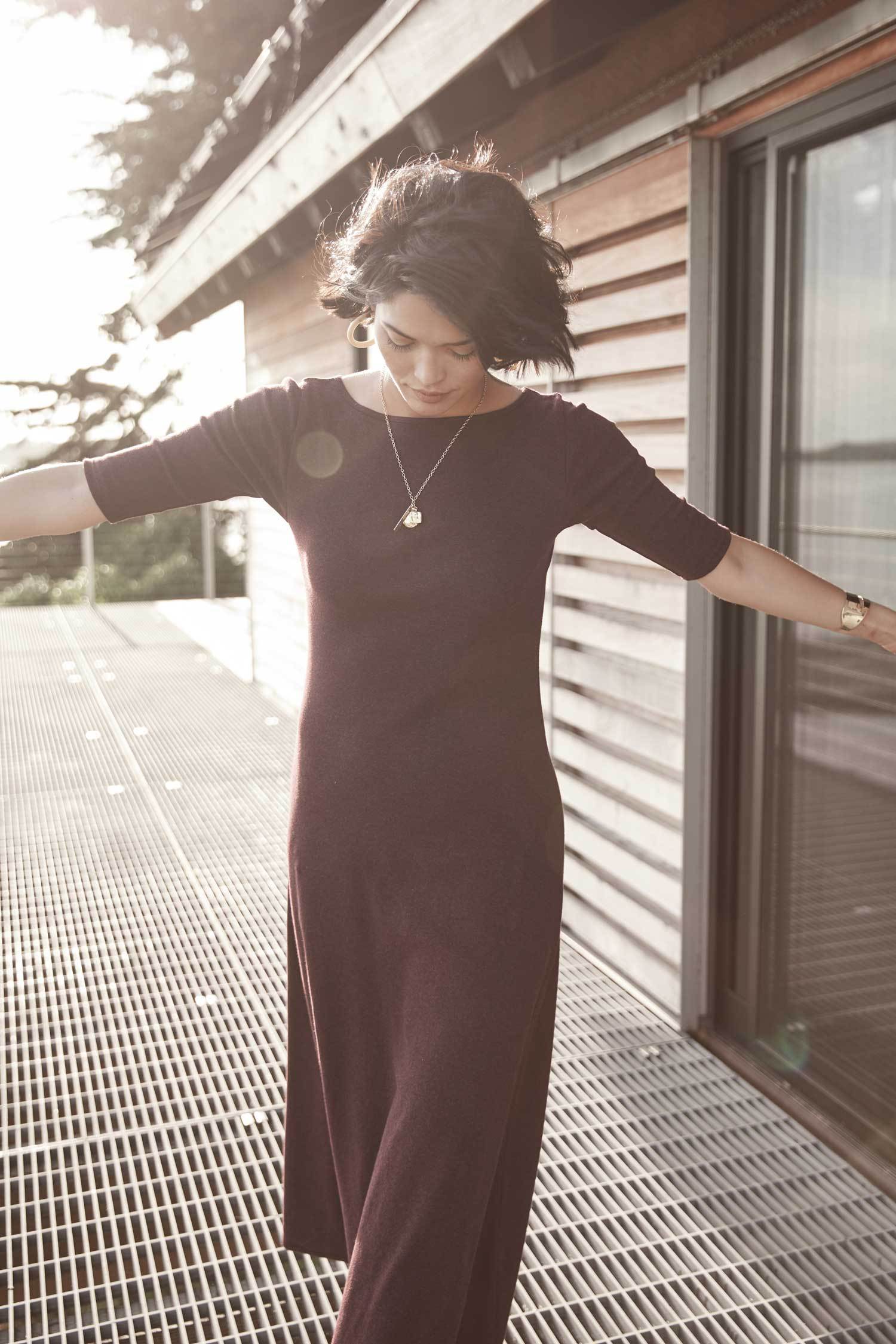 Womens Elbow Sleeve Boatneck Dress | Burgundy | Organic Cotton Clothing