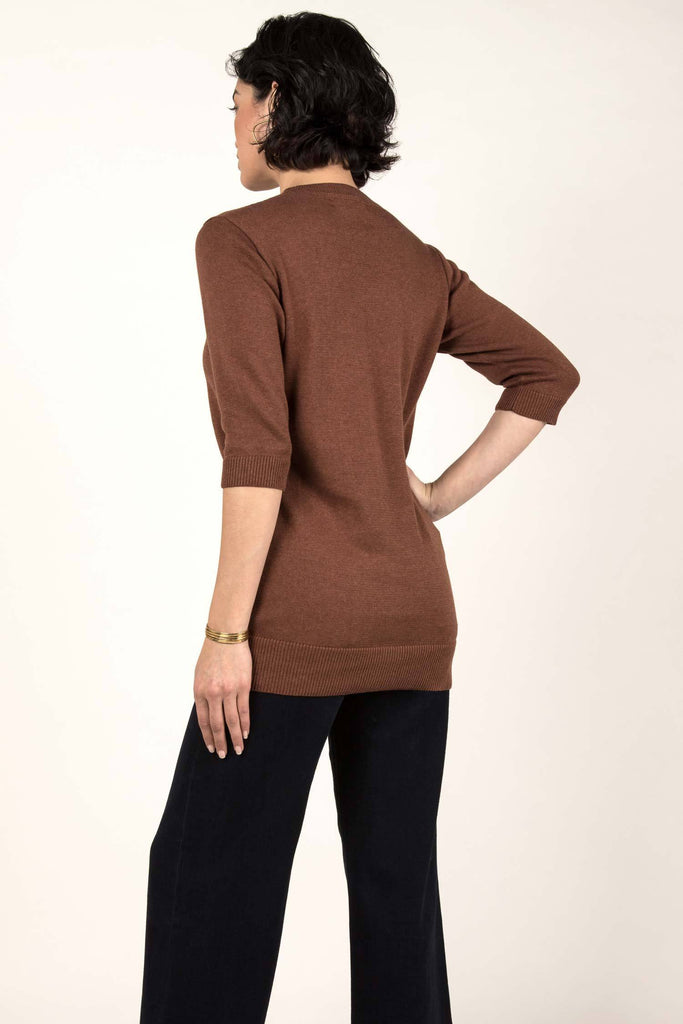 Womens Organic Cotton Top | Knit Elbow Sleeve Tunic Sweater | Cayenne Brown