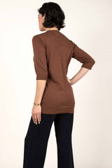 Womens Organic Cotton Top | Knit Elbow Sleeve Tunic Sweater | Cayenne Brown