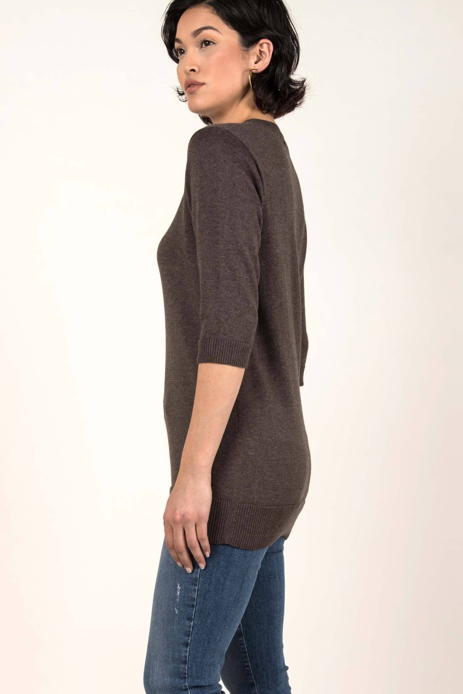 Womens Organic Cotton Top | Knit Elbow Sleeve Tunic Sweater | Stone Brown