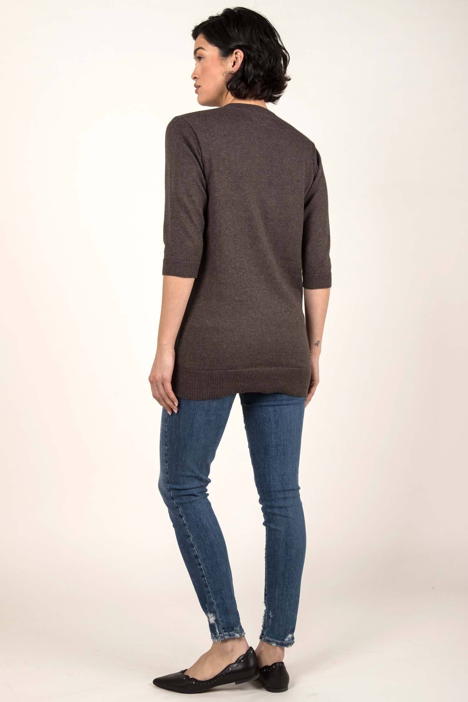 Womens Organic Cotton Top | Knit Elbow Sleeve Tunic Sweater | Stone Brown