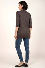 Womens Organic Cotton Top | Knit Elbow Sleeve Tunic Sweater | Stone Brown