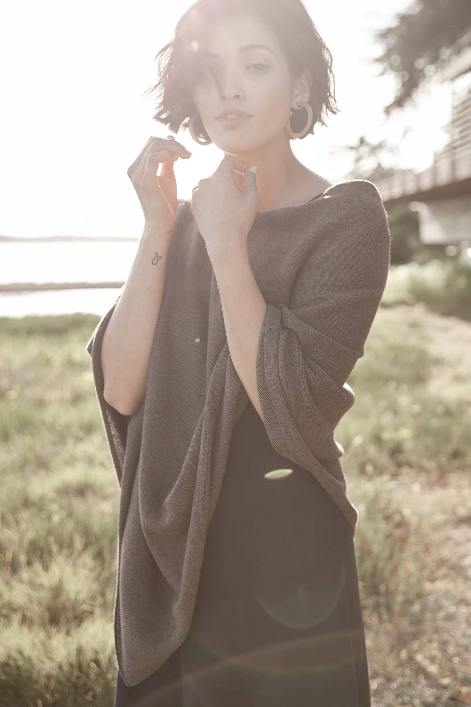 Womens Organic Cotton Knit Ponchos | Stone Brown