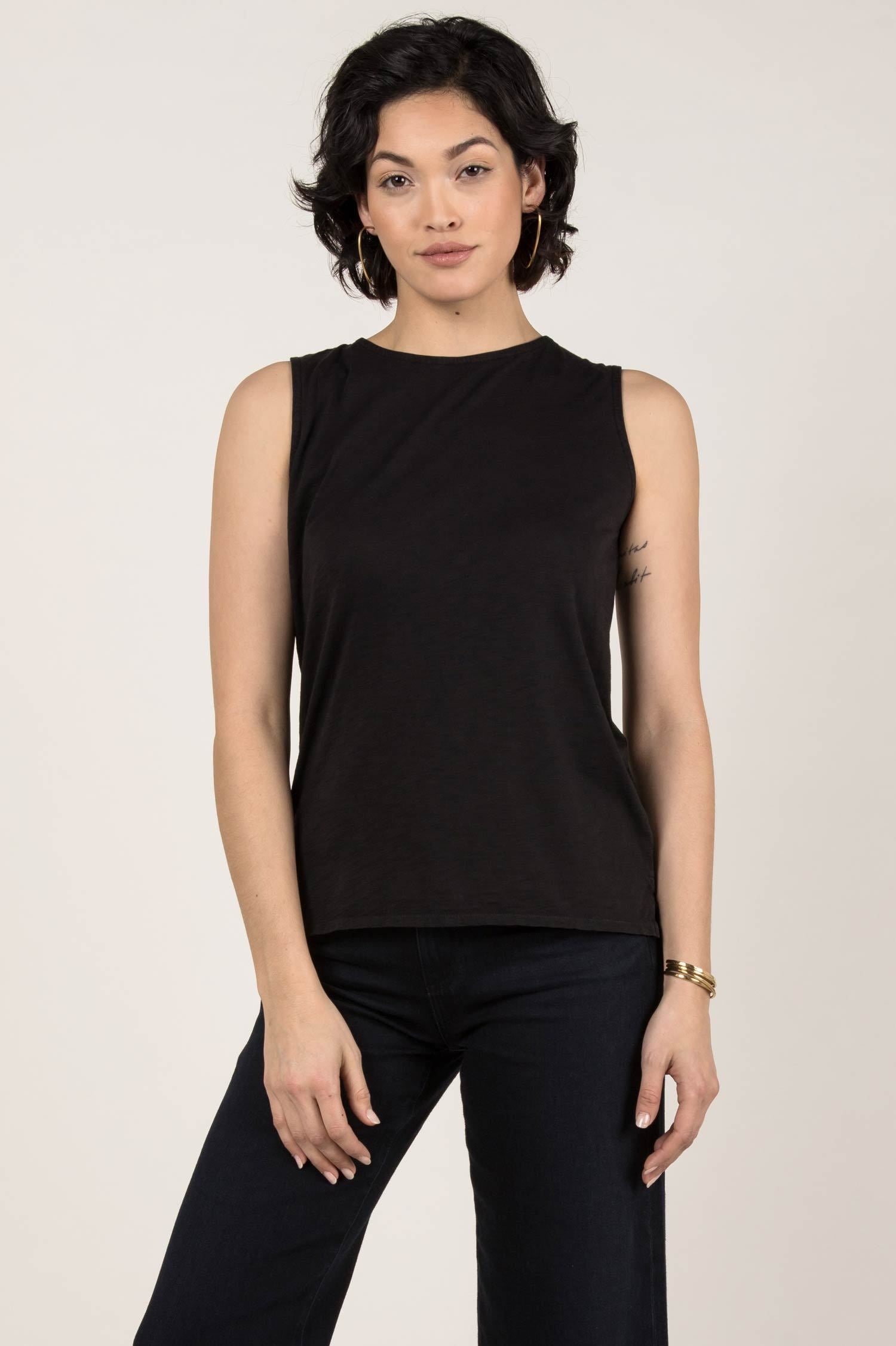 Womens Organic Cotton Tank Top | Essential Slub Shell Blouse | Black