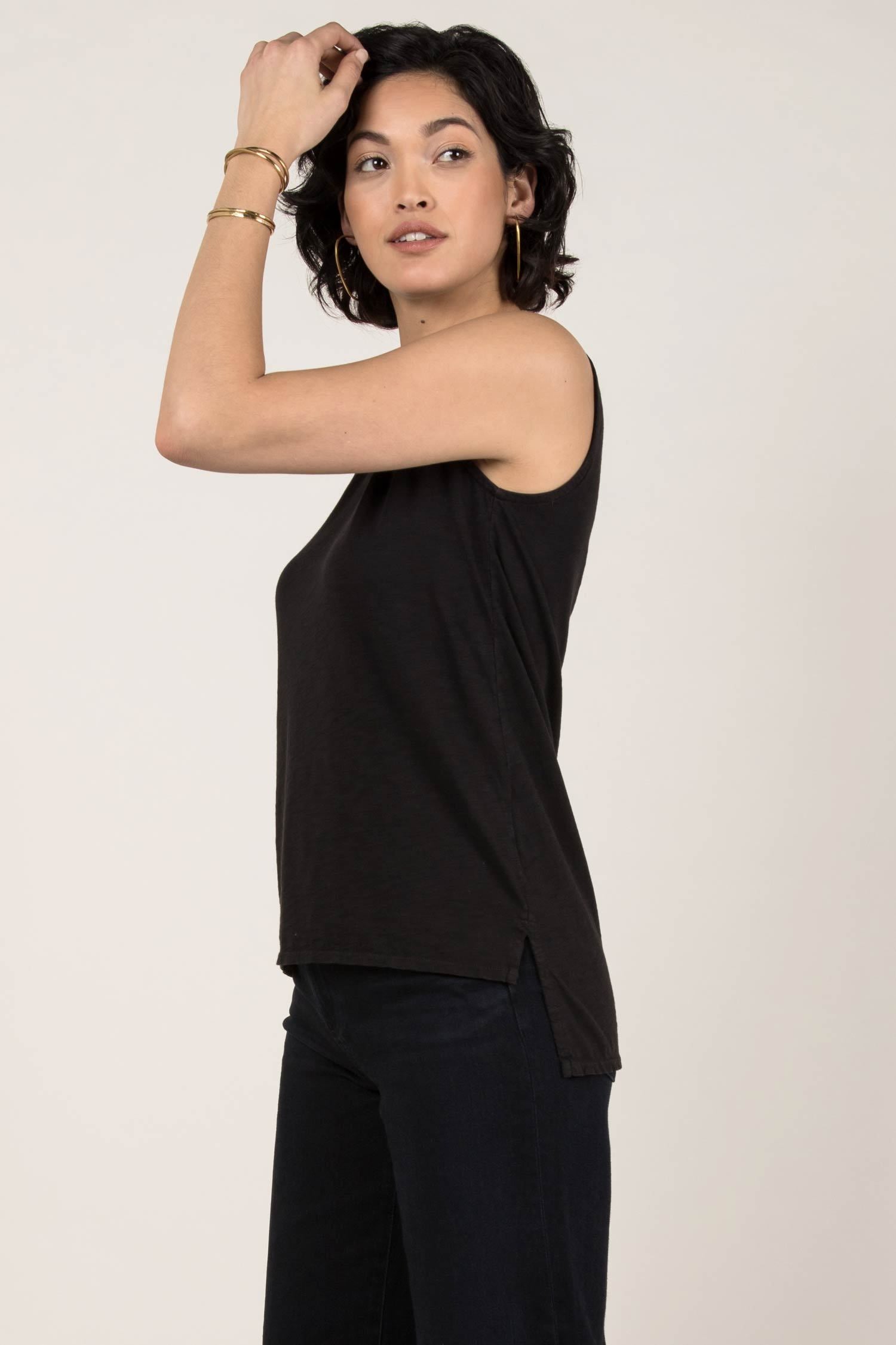 Womens Organic Cotton Tank Top | Essential Slub Shell Blouse | Black