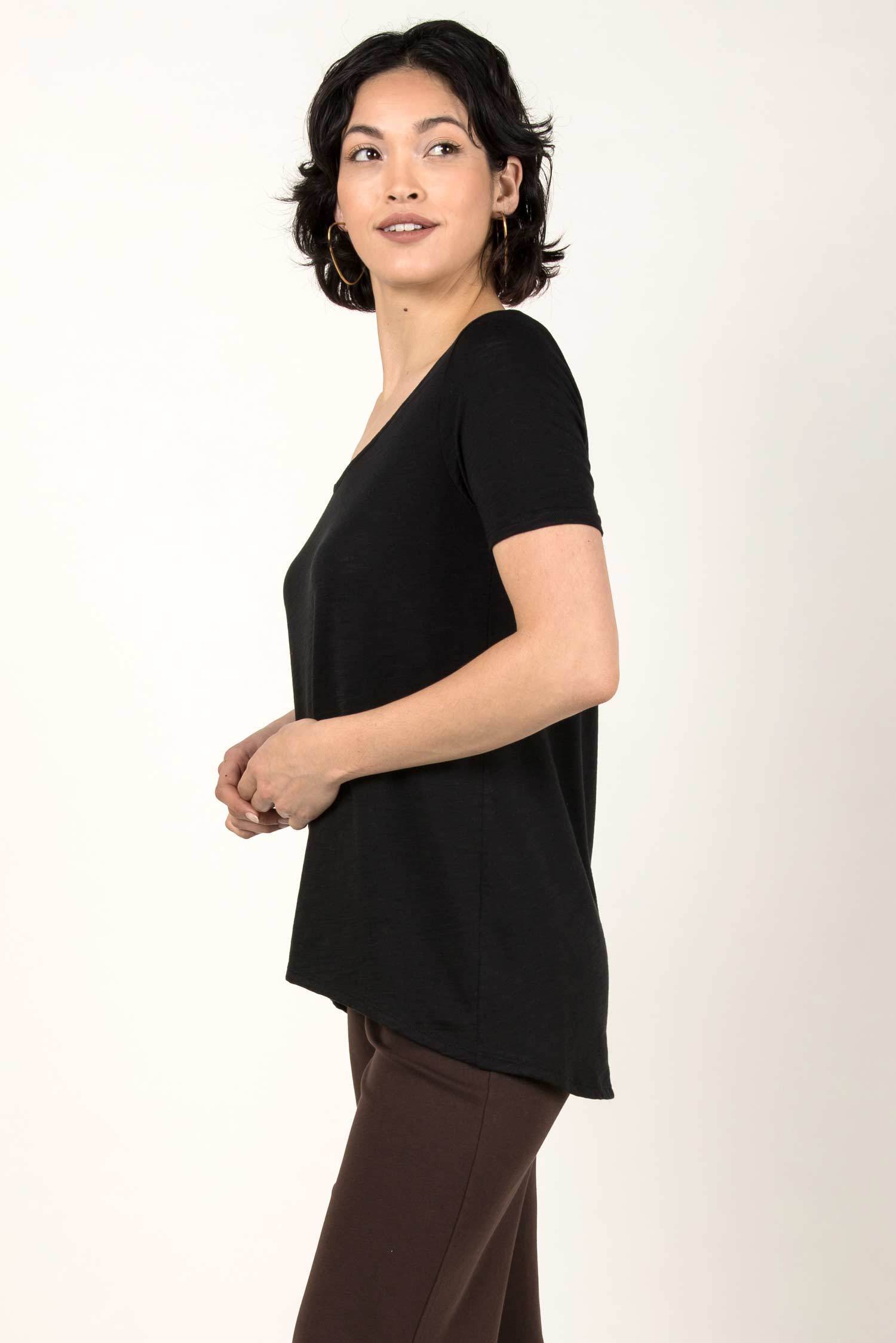 Womens Organic Cotton Tee Shirt | Essential Slub U Neck Top | Black