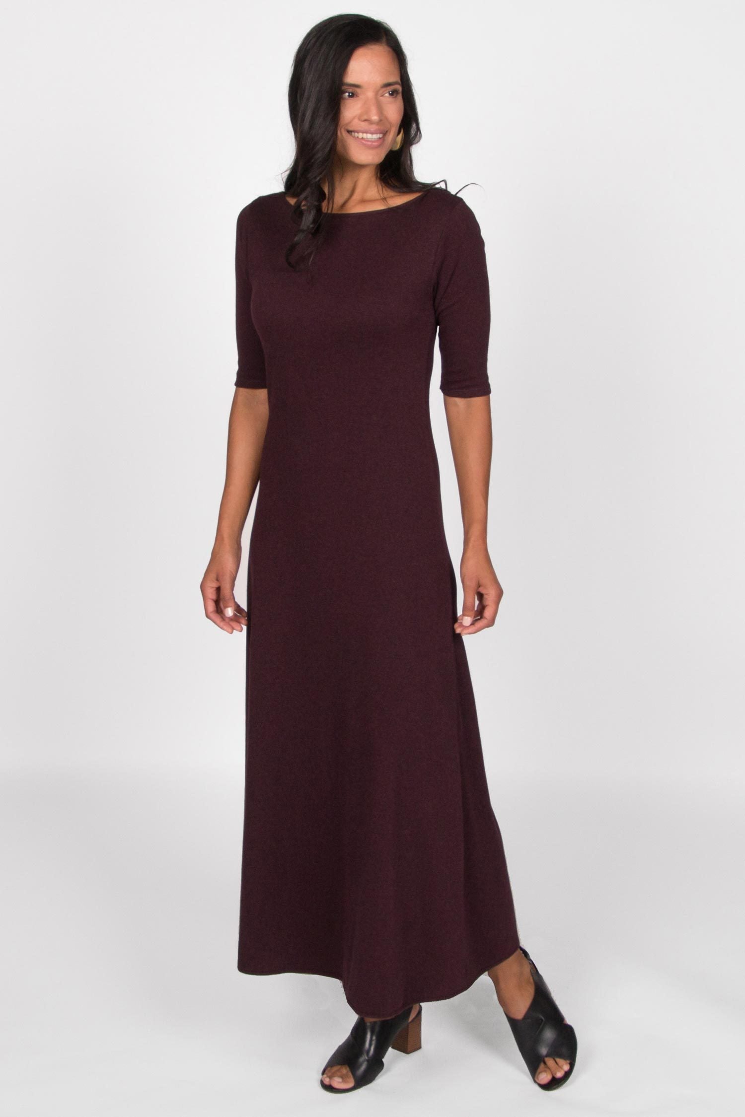 Womens Elbow Sleeve Boatneck Dress | Burgundy | Organic Cotton Clothing