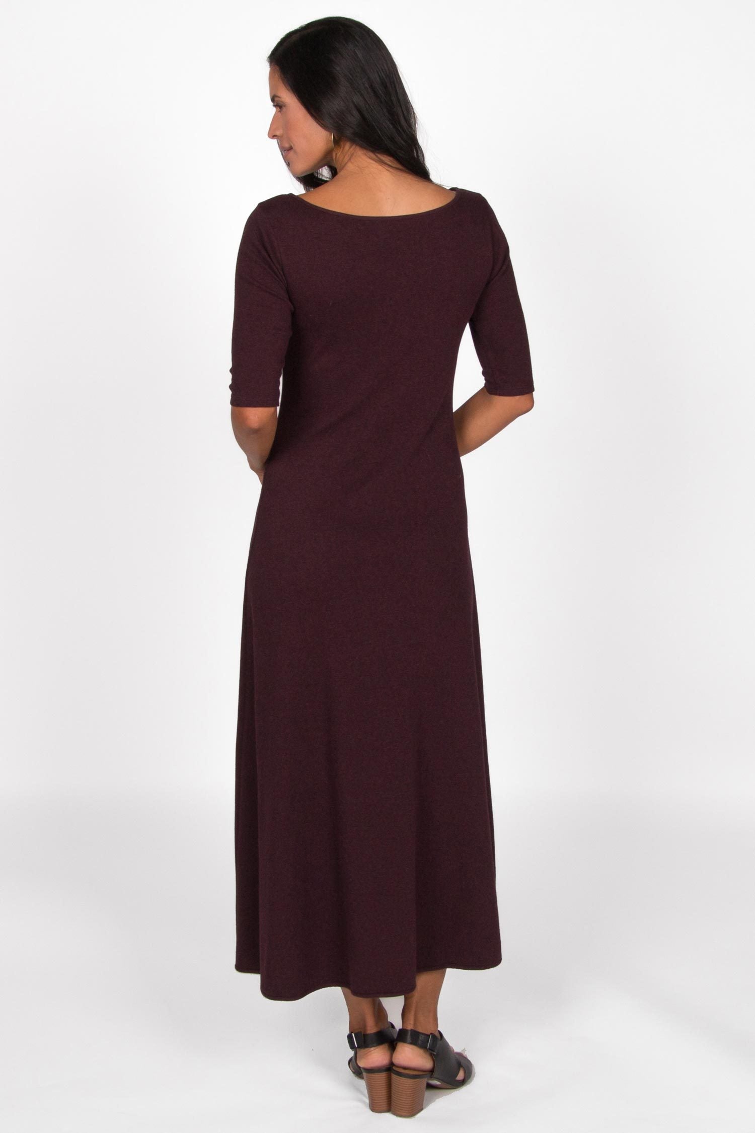 Womens Elbow Sleeve Boatneck Dress | Burgundy | Organic Cotton Clothing