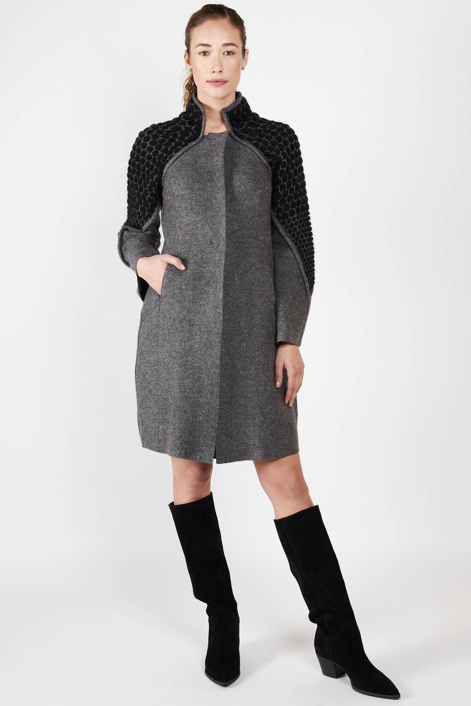 Womens Knit and Boiled Wool Alpaca Coat | Gray Black