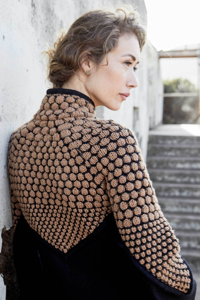 Womens Alpaca Wool Coat | Black Boiled Wool + Artisan Knit