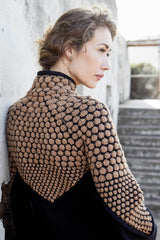 Womens Alpaca Wool Coat | Black Boiled Wool + Artisan Knit