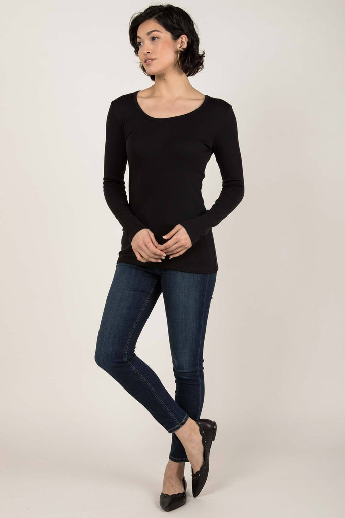 Womens Organic Cotton Top | Essential Long Sleeve Scoop Tee | Black
