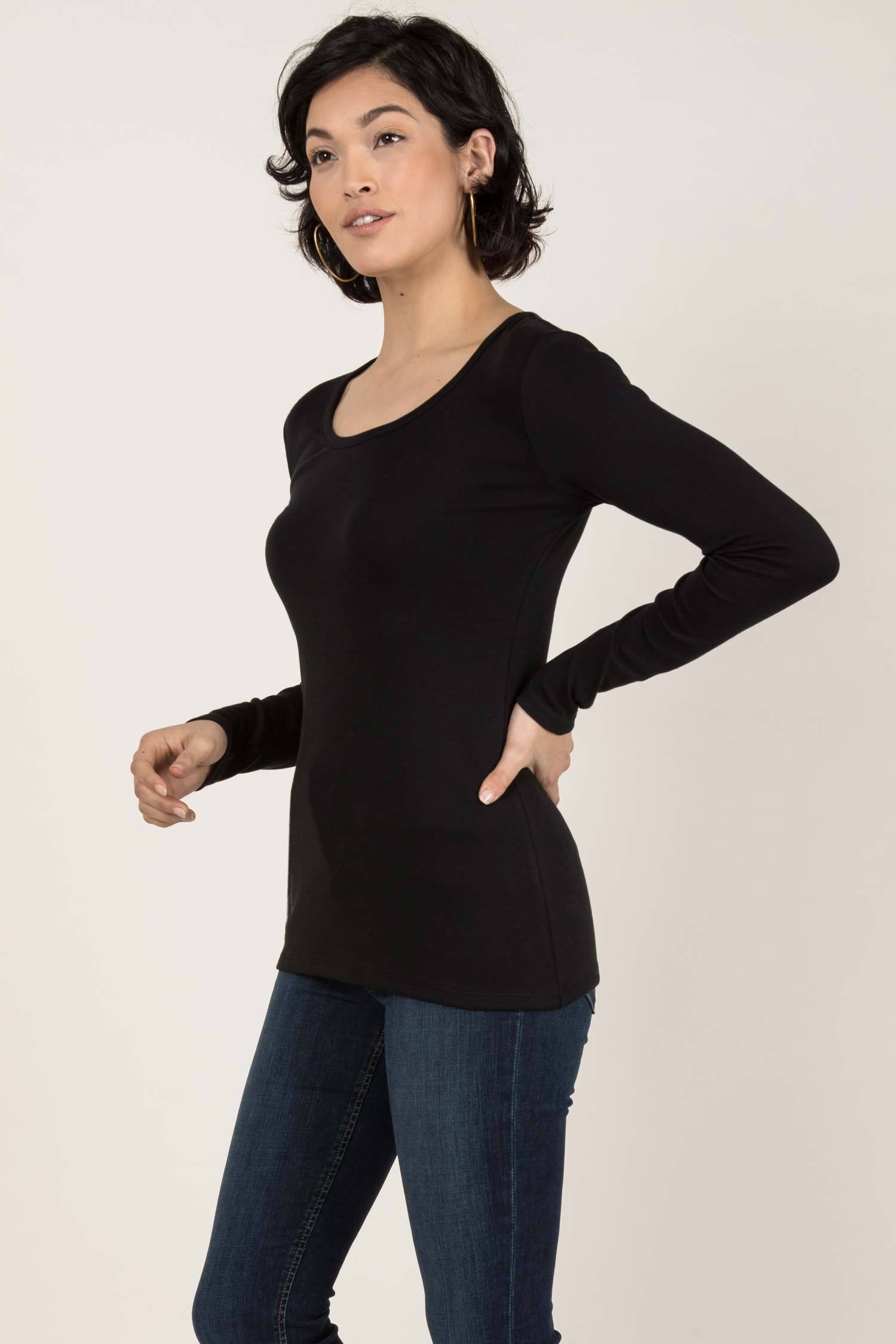 Womens Organic Cotton Top | Essential Long Sleeve Scoop Tee | Black