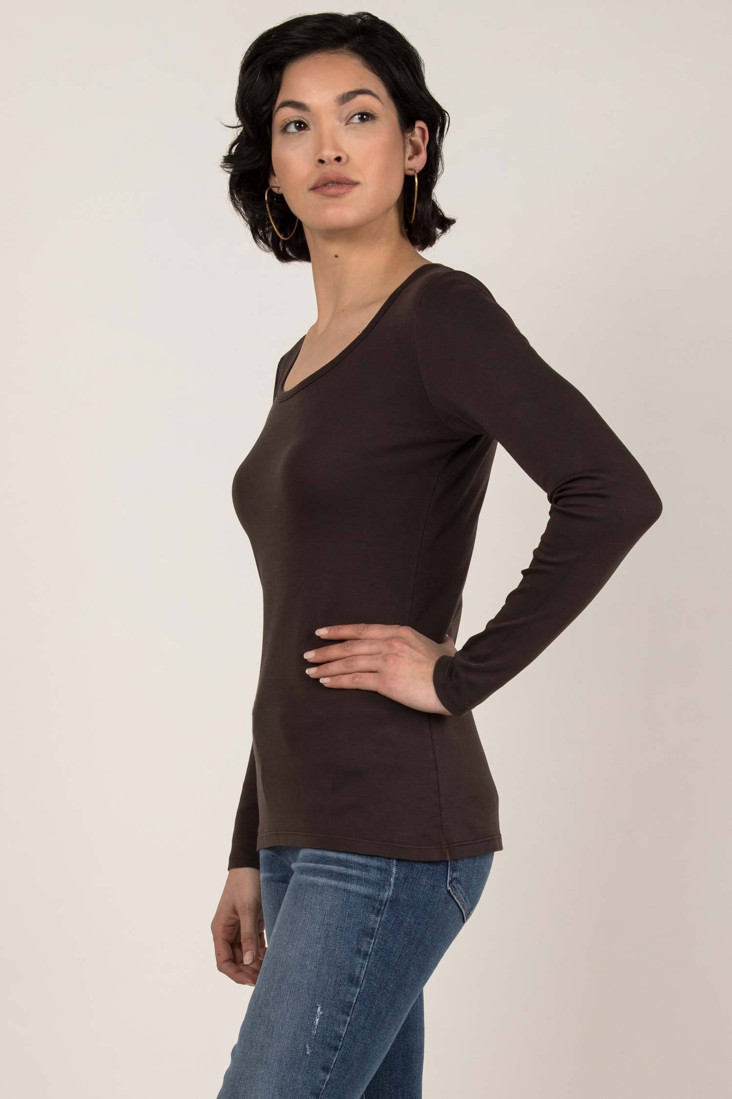 Womens Organic Cotton Top | Essential Long Sleeve Scoop Tee | Brown