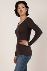 Womens Organic Cotton Top | Essential Long Sleeve Scoop Tee | Brown