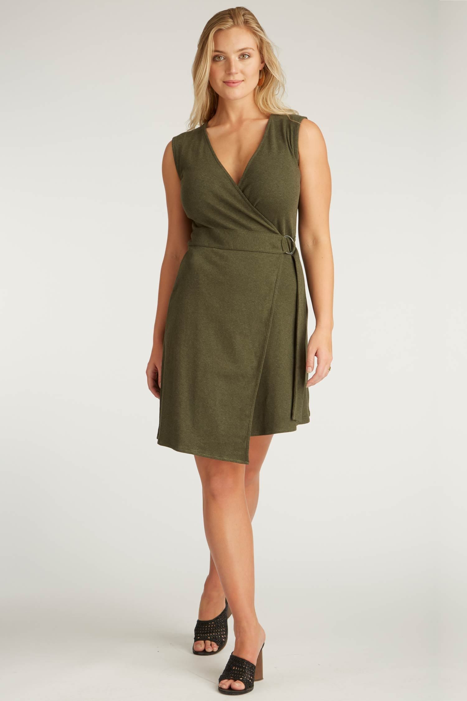 Womens Organic Cotton Dress | Moss Green | Black Ring Wrap Dress
