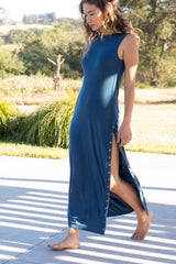 Womens Organic Cotton Dress | Snap Maxi Dress | Blue