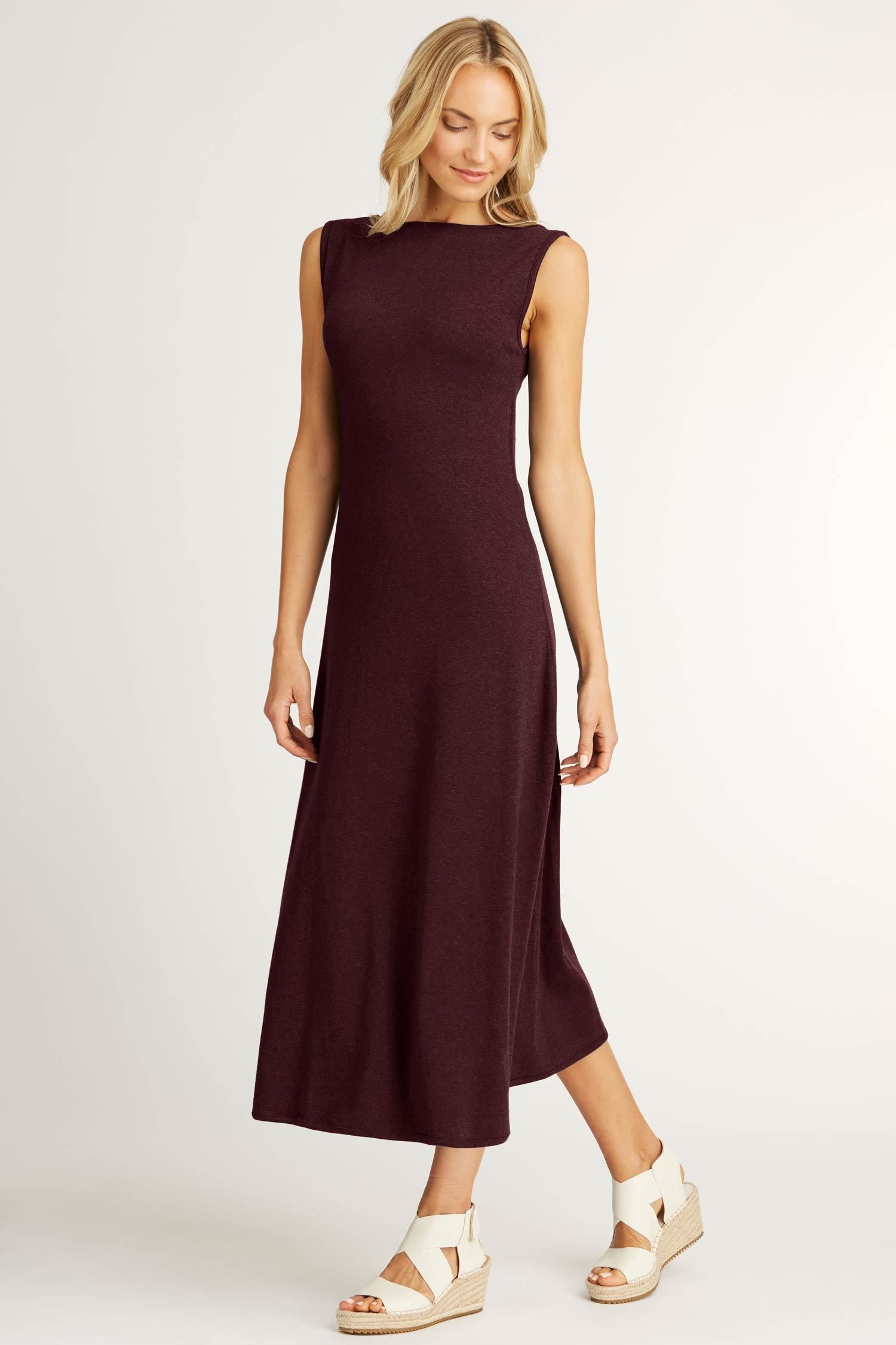 Womens Boatneck Maxi Dress in Burgundy Red | Organic Cotton Clothing