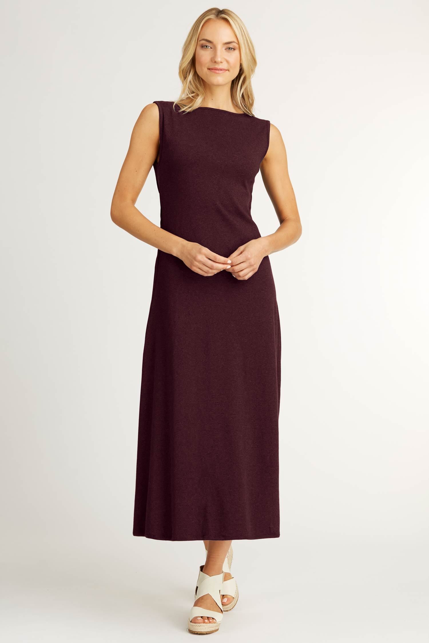 Womens Boatneck Maxi Dress in Burgundy Red | Organic Cotton Clothing
