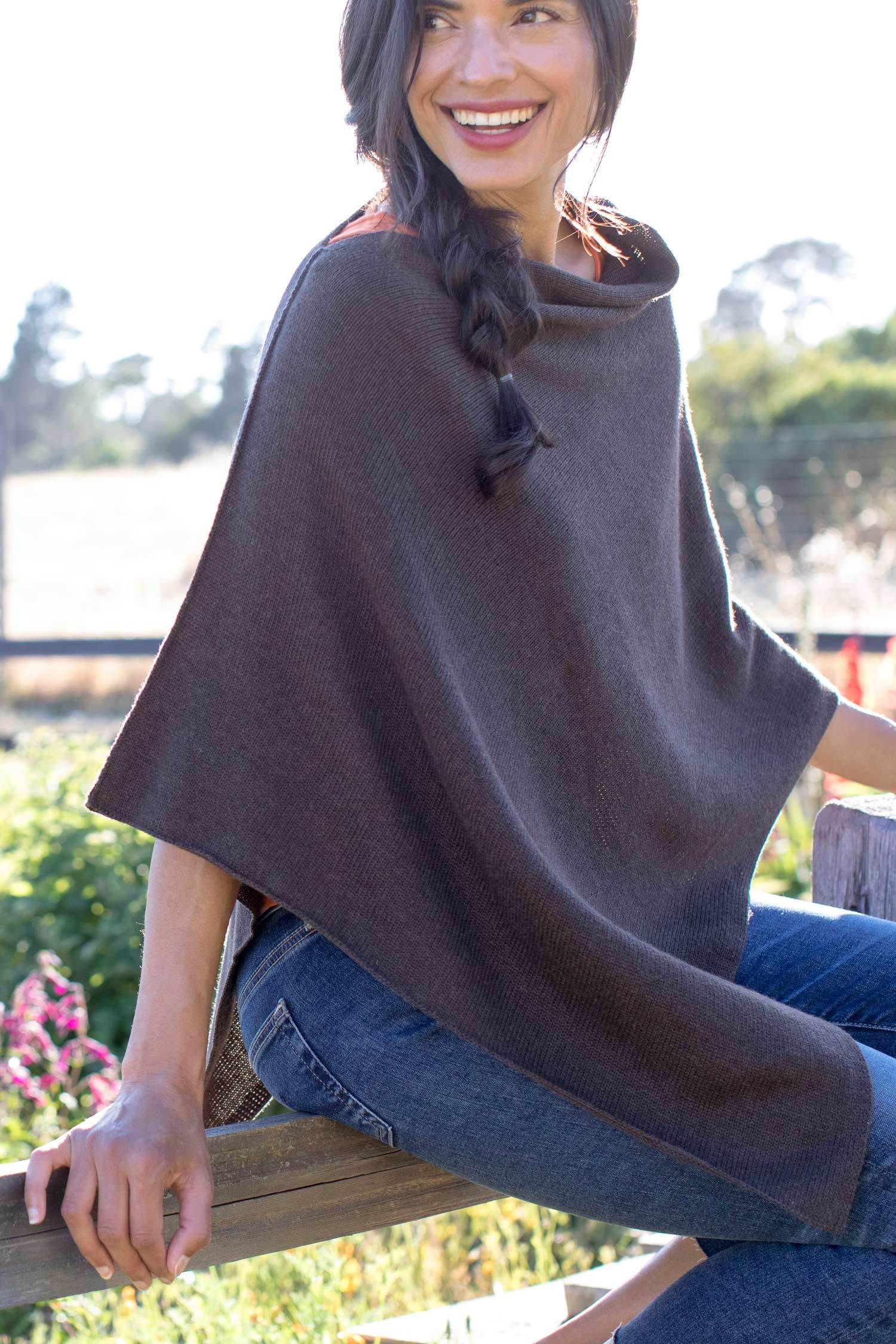 Womens Organic Cotton Knit Ponchos | Stone Brown