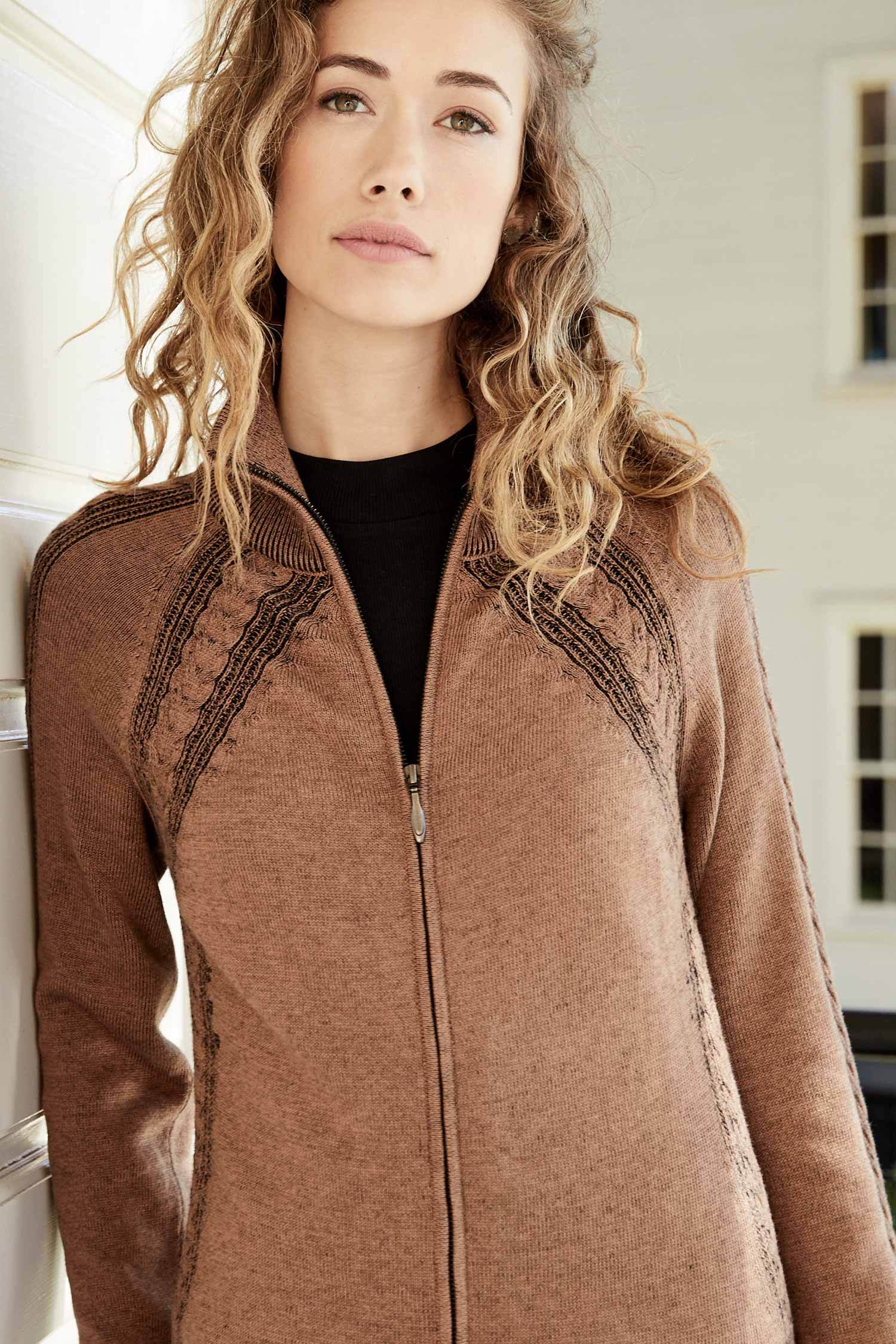 Womens Organic Cotton Sweater | Brown | Cable Zip Cardigan