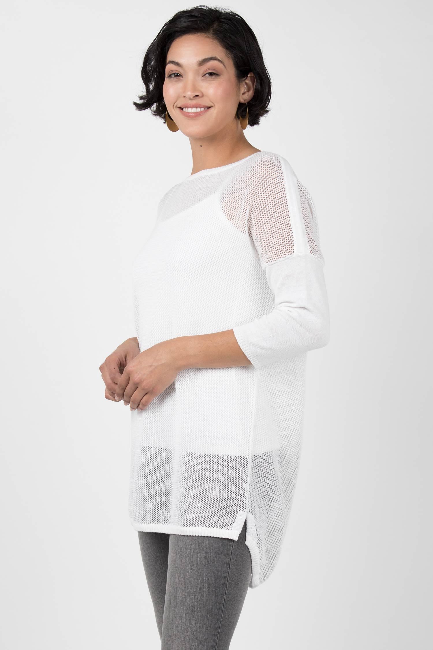 Womens Knit Mesh Pullover Sweater | Organic Cotton Sweater | White