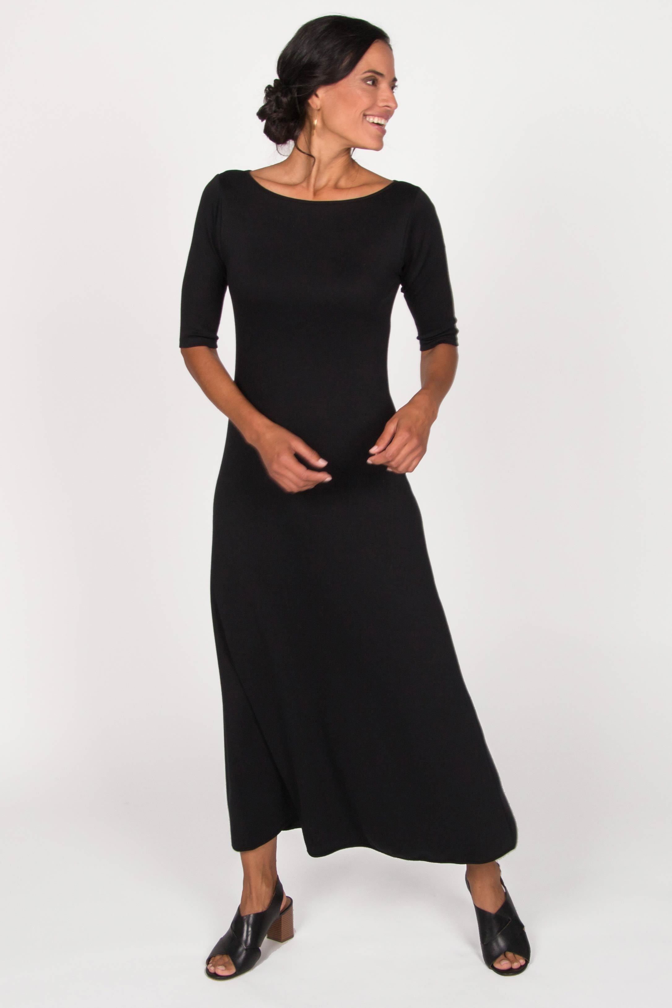 Womens Elbow Sleeve Boatneck Dress | Black | Organic Cotton Clothing