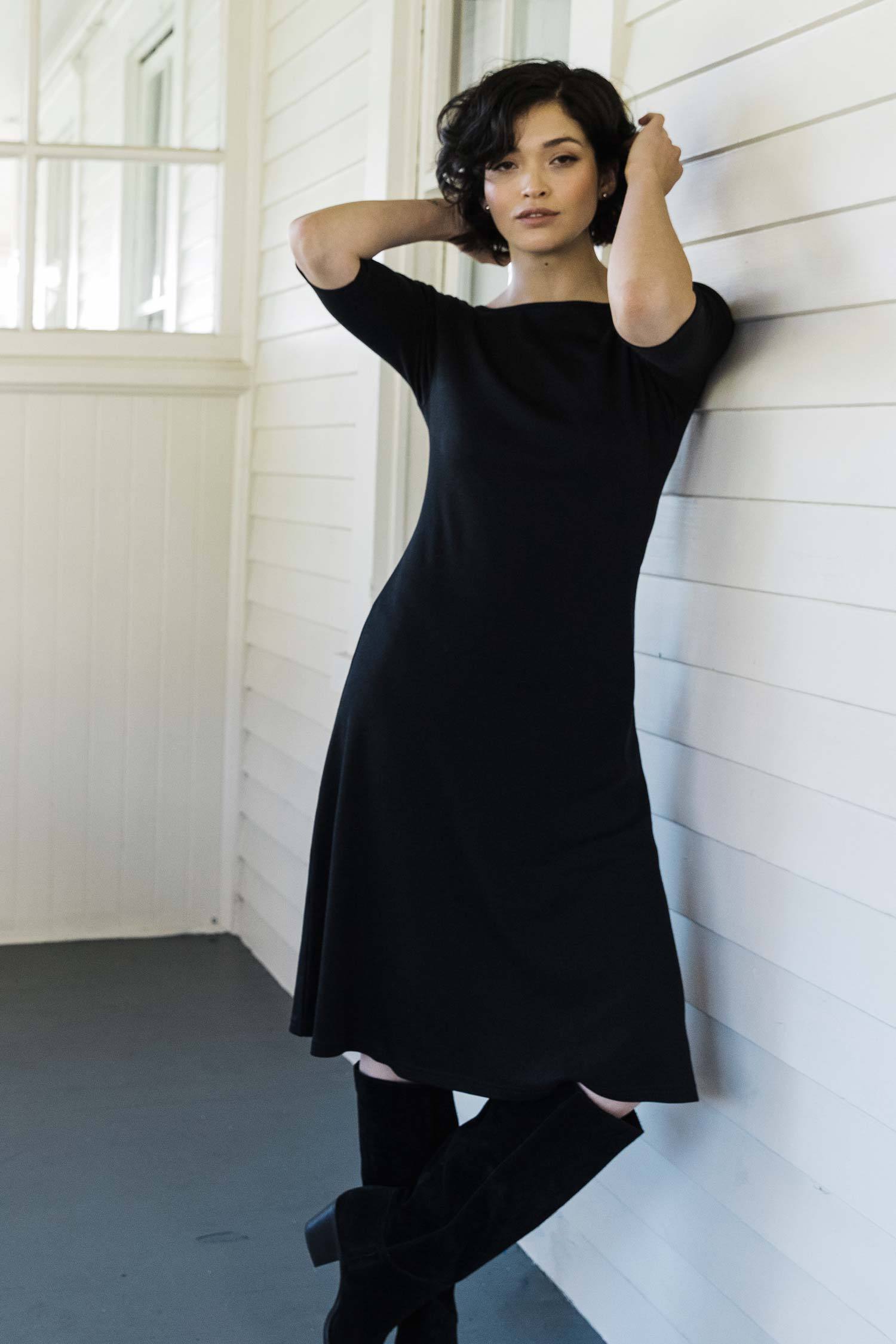 Womens Organic Cotton Dress - Essential Boatneck Midi Dress - Brown