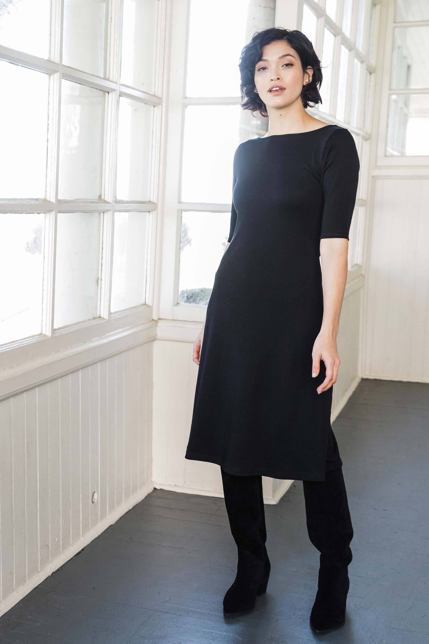 Boatneck Midi Dress | Organic Cotton Dress | Black