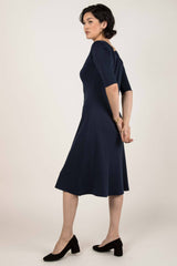 Womens Organic Cotton Dress - Essential Boatneck Midi Dress - Navy