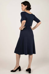 Womens Organic Cotton Dress - Essential Boatneck Midi Dress - Navy