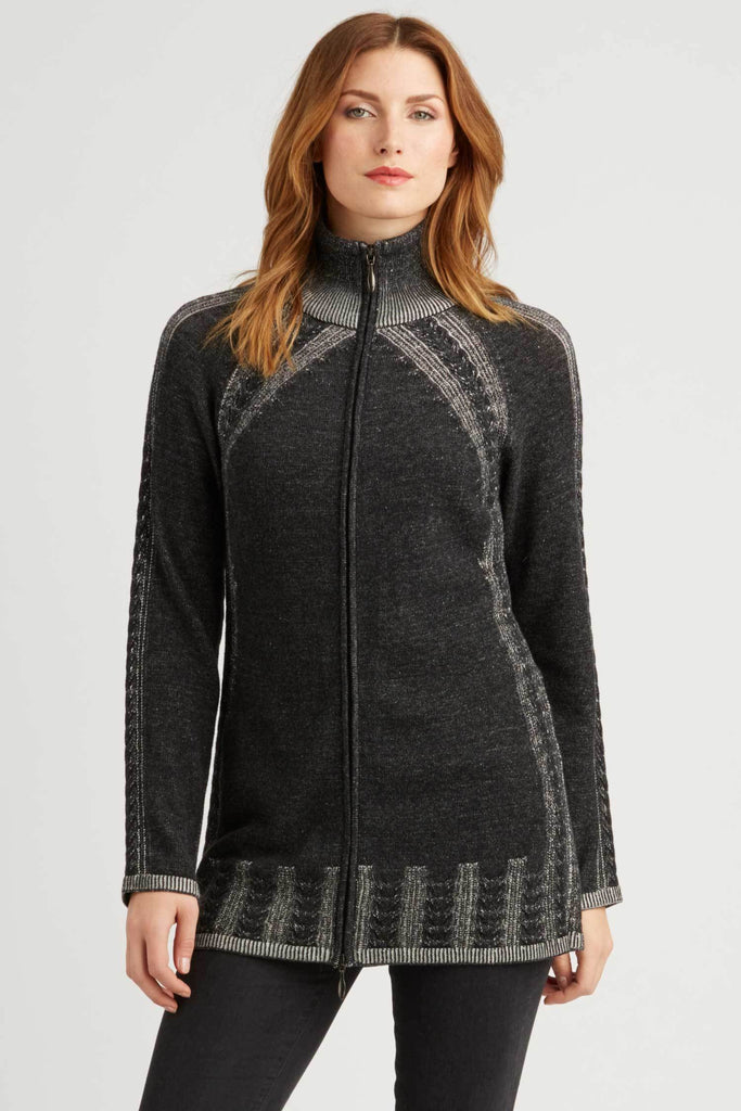 Womens Organic Cotton Sweater | Black | Cable Zip Cardigan