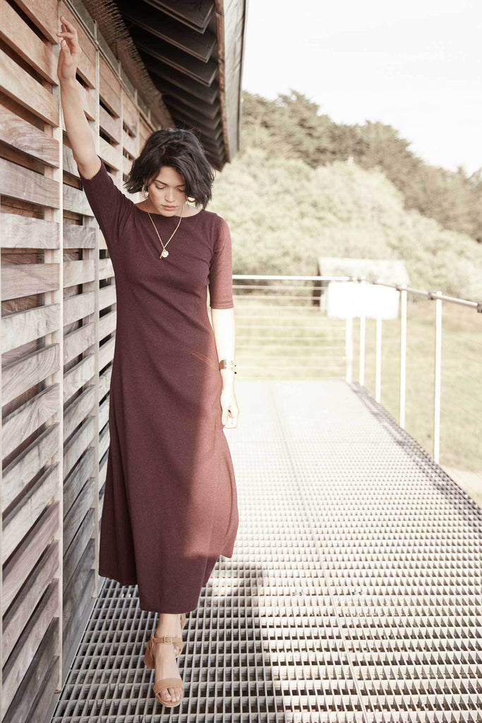 Womens Elbow Sleeve Boatneck Dress | Burgundy | Organic Cotton Clothing