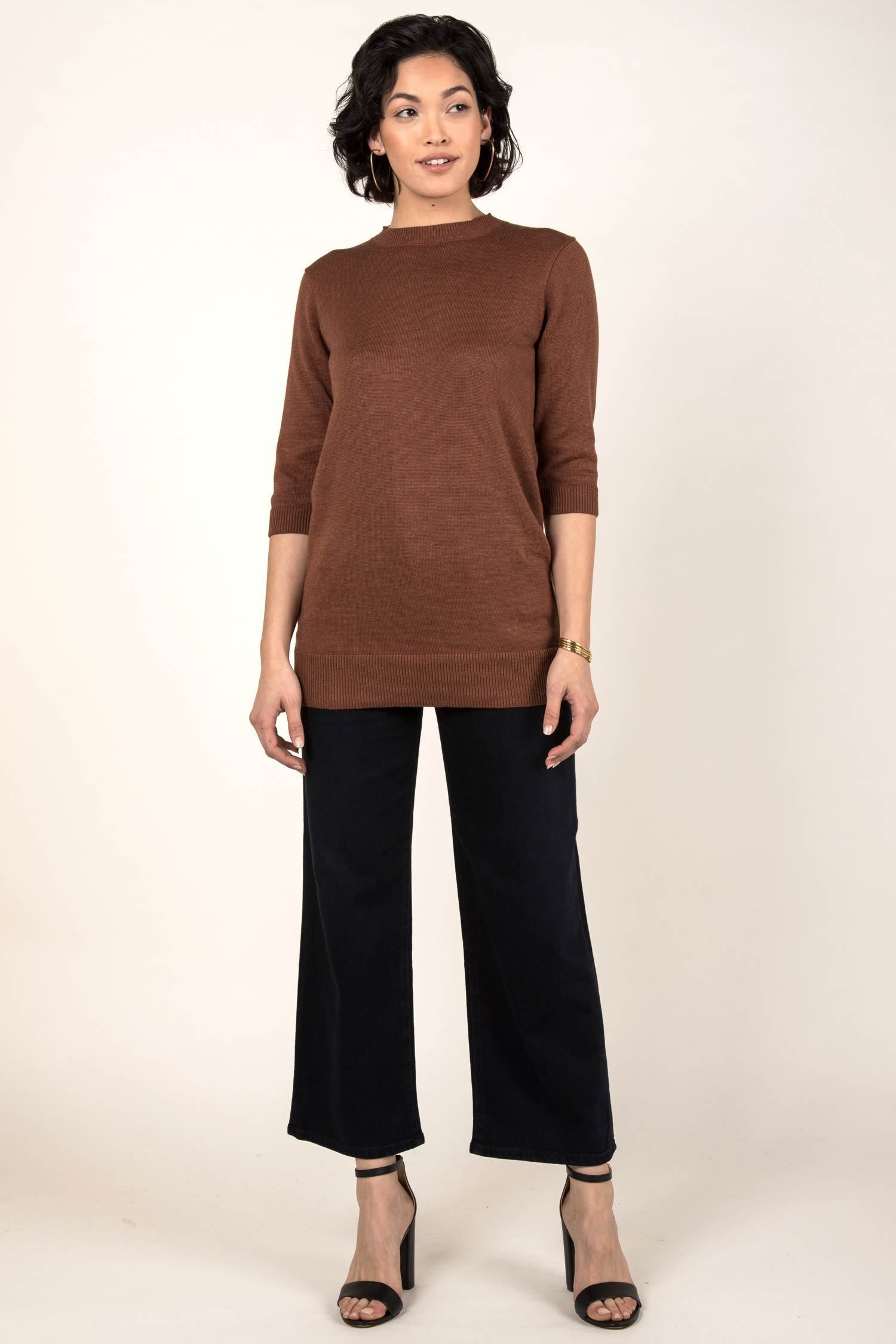Womens Organic Cotton Top | Knit Elbow Sleeve Tunic Sweater | Cayenne Brown