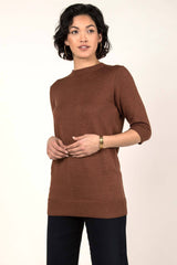 Womens Organic Cotton Top | Knit Elbow Sleeve Tunic Sweater | Cayenne Brown