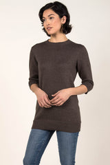 Womens Organic Cotton Top | Knit Elbow Sleeve Tunic Sweater | Stone Brown