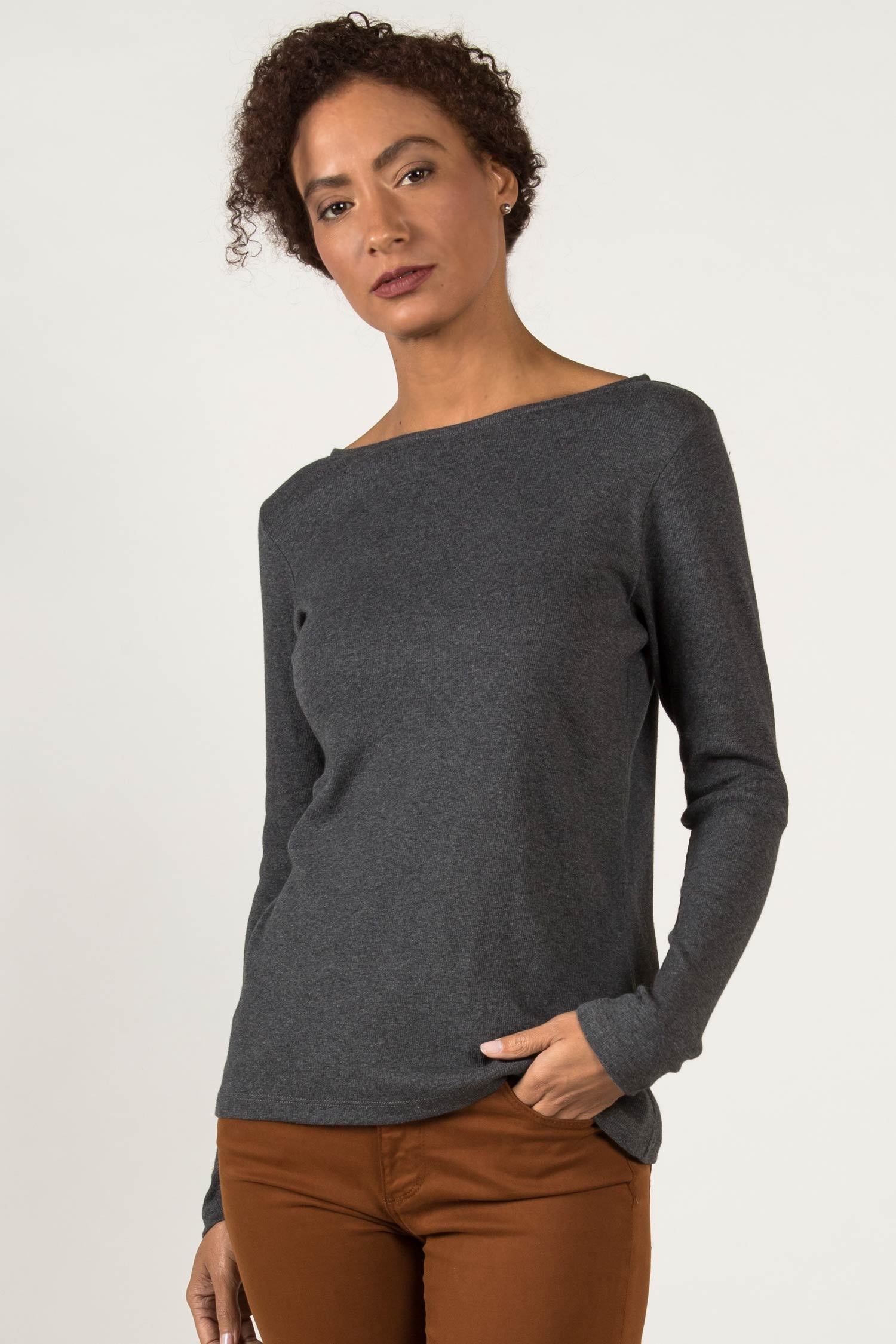 Womens Organic Cotton Top | Gray Long Sleeve Boatneck Tee | Indigenous
