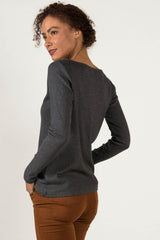 Womens Organic Cotton Top | Gray Long Sleeve Boatneck Tee | Indigenous
