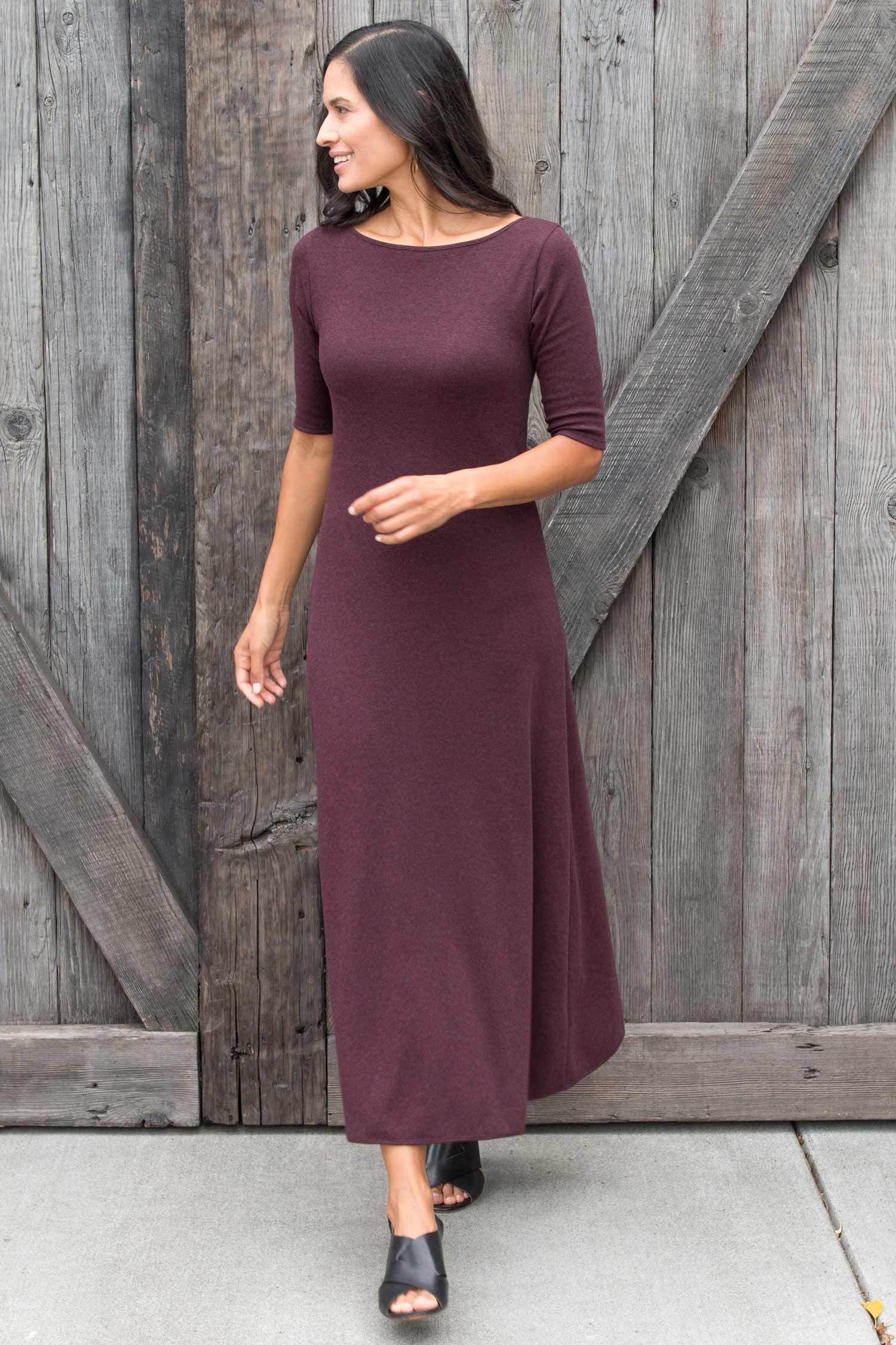 Womens Elbow Sleeve Boatneck Dress | Burgundy | Organic Cotton Clothing