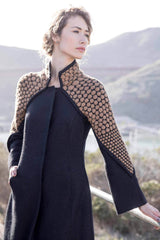 Womens Alpaca Wool Coat | Black Boiled Wool + Artisan Knit