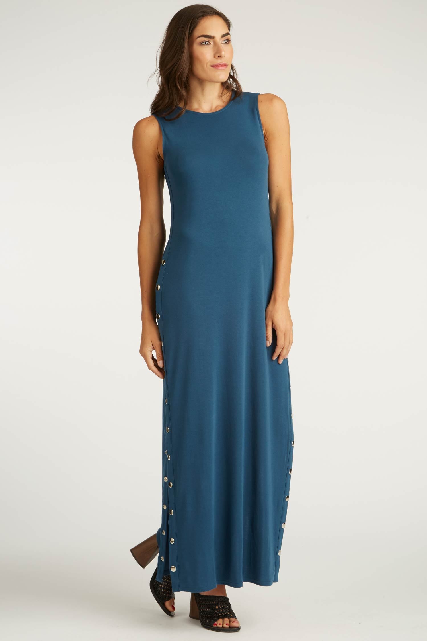 Womens Organic Cotton Dress | Snap Maxi Dress | Blue