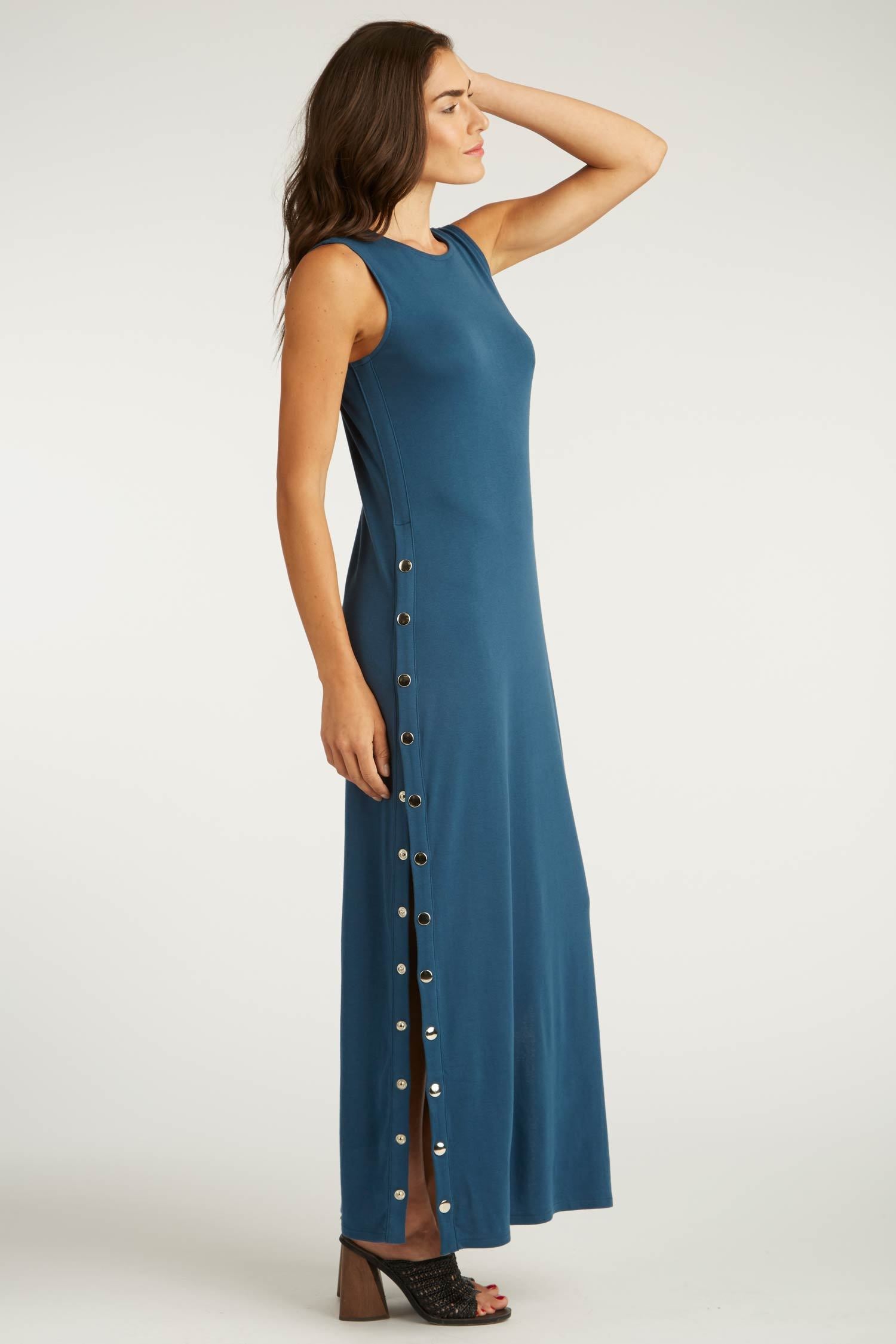 Womens Organic Cotton Dress | Snap Maxi Dress | Blue